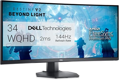  Dell S3422DWG Curved Gaming Monitor - 34 Inch 1800R Curved Screen with 144Hz Refresh Rate, WQHD (3440 x 1440) Display, HDMI, DP to DP 1.4 Cable, AMD FreeSync - Black 