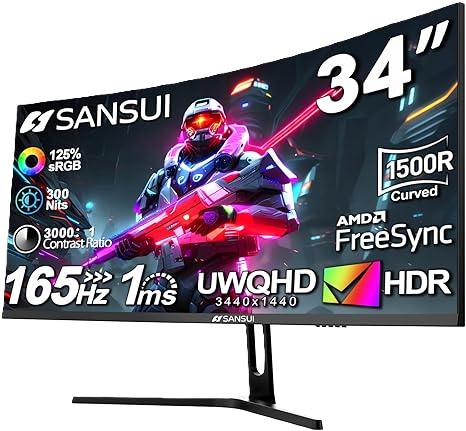  SANSUI 34-Inch Curved Gaming Monitor UWQHD 3440 x 1440 165Hz Curved 1500R - PIP/PBP, 1ms(MPRT), HDR, 300nits, sRGB 125%, DCI-P3 95%,FreeSync,HDMI2.1(TMDS) x2,DP1.4 x2(ES-G34C5 DP Cable Included) 