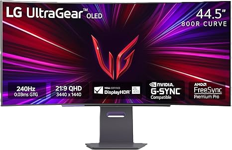  LG 45GS95QE Ultragear OLED Curved Gaming Monitor 45-Inch WQHD 800R 240Hz 0.03ms DisplayHDR True Black 400 AMD FreeSync Premium Pro NVIDIA G-Sync HDMI 2.1 DisplayPort Tilt/Height/Swivel Stand - Black 